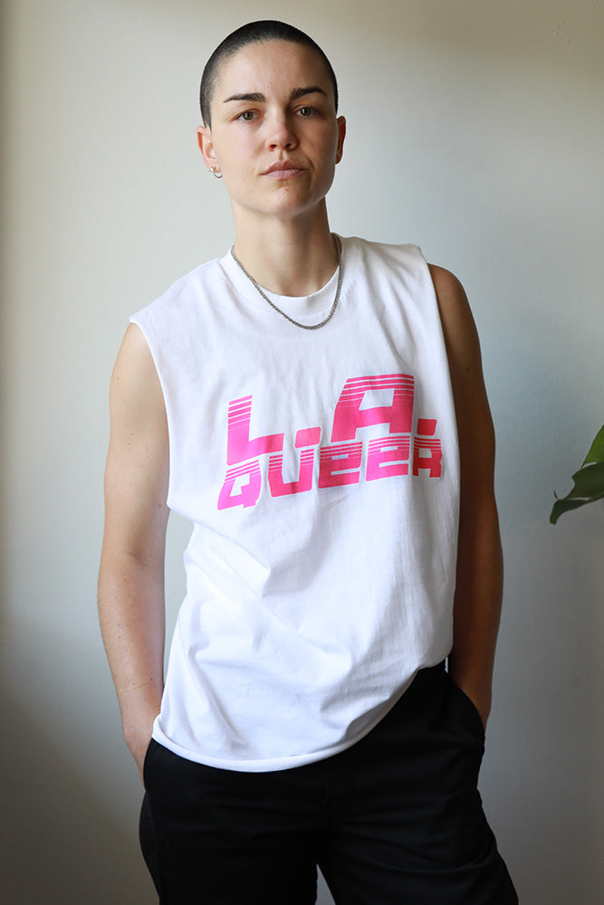 LA QUEER Sleeveless cut off Shirt-White with pink font-FUNKY TIGER