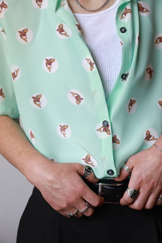 Koi Fish Print Silk Shirt-Aqua Color-FUNKY TIGER