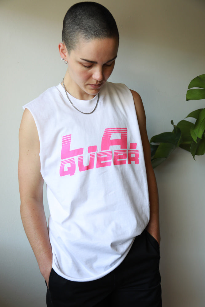 LA QUEER Sleeveless cut off Shirt-White with pink font-FUNKY TIGER