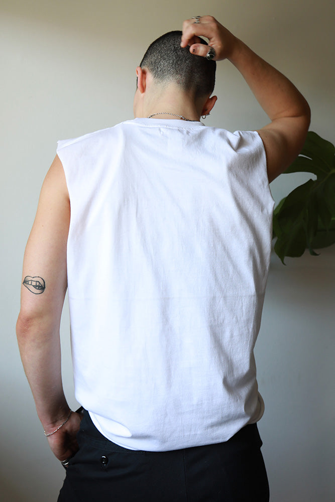 LA QUEER Sleeveless cut off Shirt-White with pink font-FUNKY TIGER